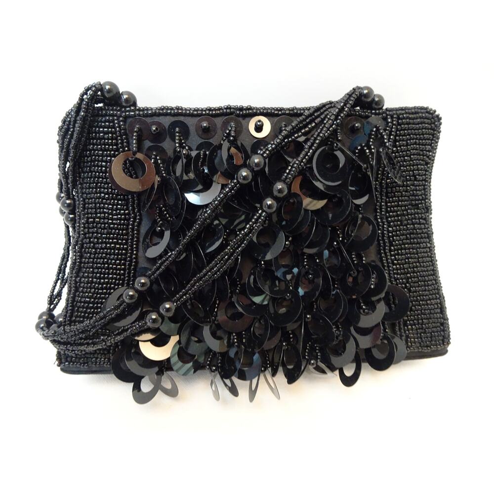 Vintage La Regale Black Satin Beaded Sequined Evening Bag